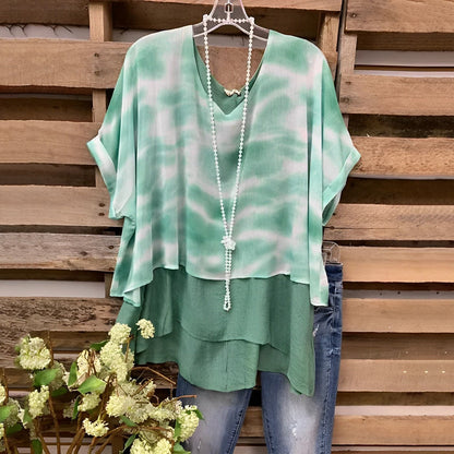 Relaxed Fit V-Neck Short Sleeve Women's Blouse