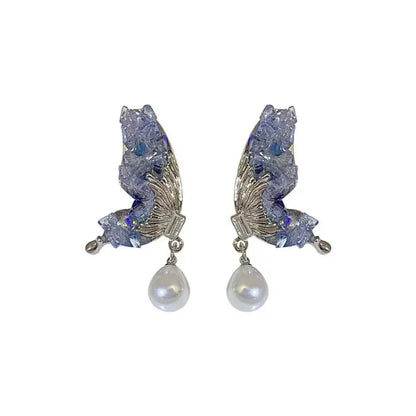 Blue Crystal Butterfly Wing Earrings with Pearl - Liora-Nora Luxe