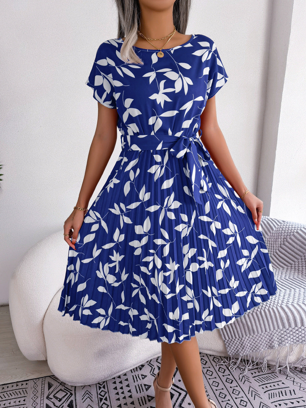 Navy Floral Knee Length Dress - Pexav