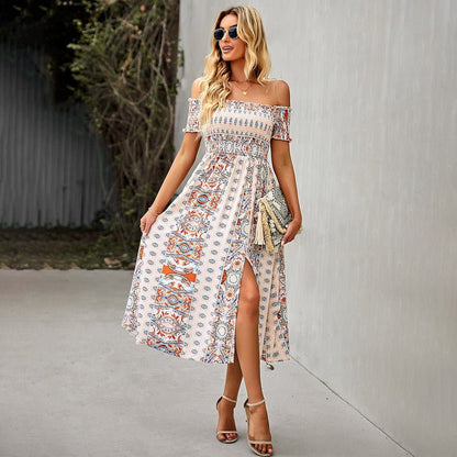 Flowy Off Shoulder Maxi Dress with Floral Print - Nocini