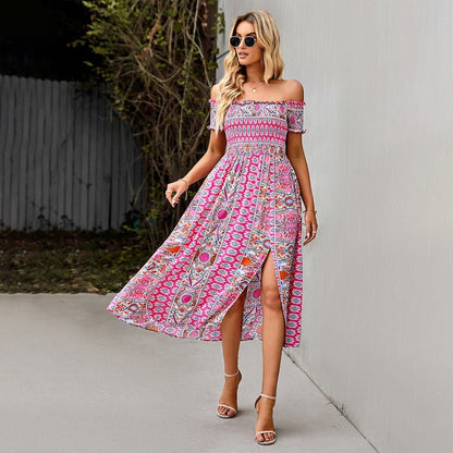 Flowy Off Shoulder Maxi Dress with Floral Print