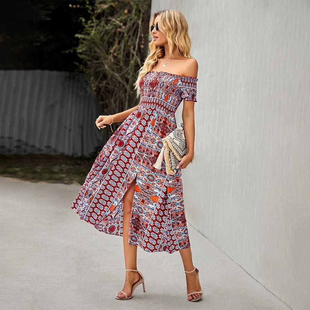 Flowy Off Shoulder Maxi Dress with Floral Print