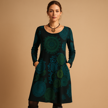 Bohemian maxi dress for women named Dahlia, featuring a loose fit, long sleeves, and pockets in warm tones for a stylish, relaxed boho look.