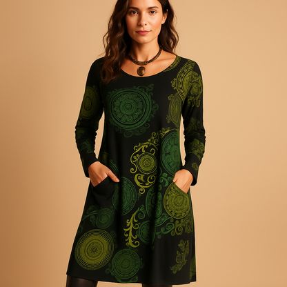 Bohemian maxi dress for women named Dahlia, featuring a loose fit, long sleeves, and pockets in warm tones for a stylish, relaxed boho look.