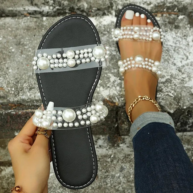 Chic Flat Women's Sandals with Beaded Detail - Pexav