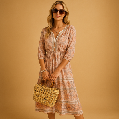 Women’s bohemian summer dress with airy fit and refined patterns. Perfect for festivals, beach days, and casual summer occasions.