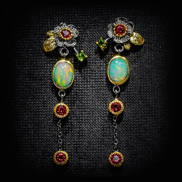 Trendy Drop Earrings with Opal and Red Gems - Pexav