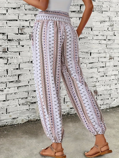 Boho High-Waist Women's Trousers with Print & Smocked Waistband – Linara-Dark brown-S-Nora Luxe