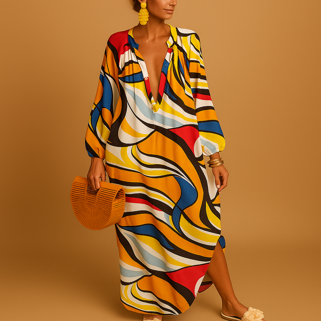 Boho maxi dress for women with long sleeves and a flowing silhouette, perfect for summer festivals, beach days, and casual outings.