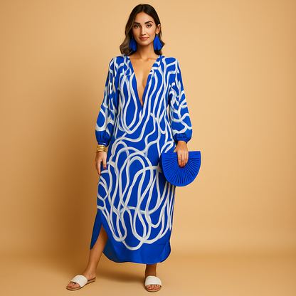 Boho maxi dress for women with long sleeves and a flowing silhouette, perfect for summer festivals, beach days, and casual outings.