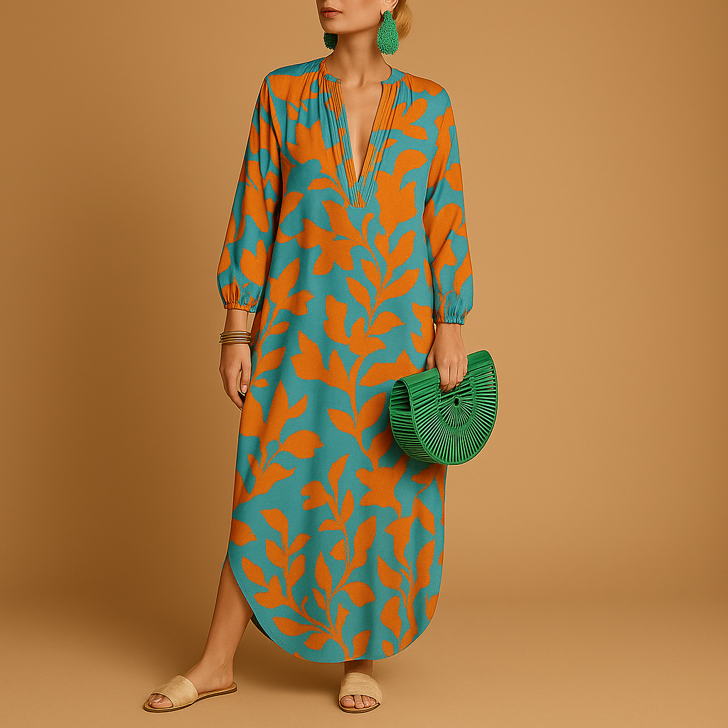 Boho maxi dress for women with long sleeves and a flowing silhouette, perfect for summer festivals, beach days, and casual outings.