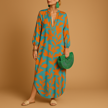 Boho maxi dress for women with long sleeves and a flowing silhouette, perfect for summer festivals, beach days, and casual outings.