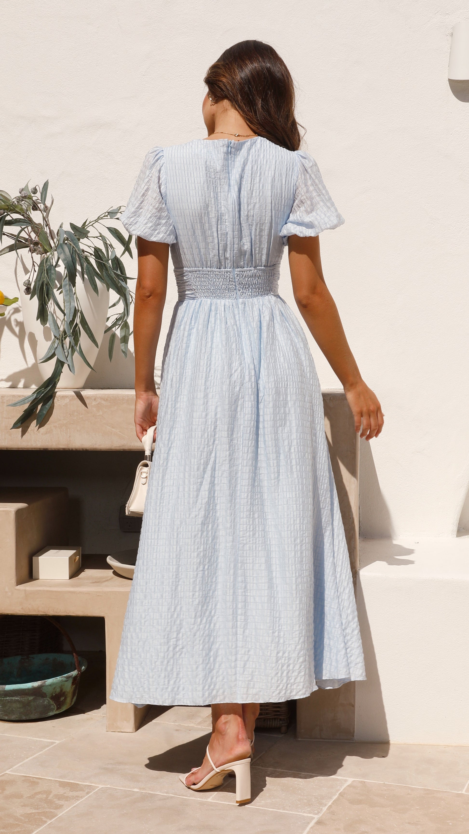 Boho maxi dress with V-neck and button placket – Yara-Blue-S-Nora Luxe