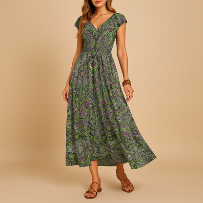 Flowy boho women’s maxi dress in vibrant colors, perfect for summer days, beach trips, and festivals.