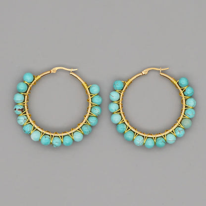 Boho Natural Crystals Large Hoop Earrings - Sanne-Green Turquoise-Nora Luxe