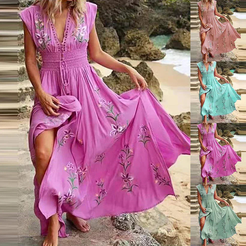 Casual Summer Midi Dress with V Neckline - Pexav