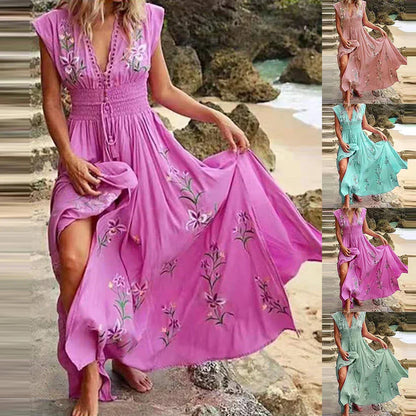 Casual Summer Midi Dress with V Neckline - Pexav