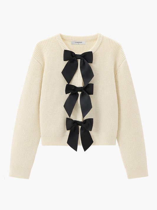 Women's Short Ribbed Sweater with Bow Detail - Nocini