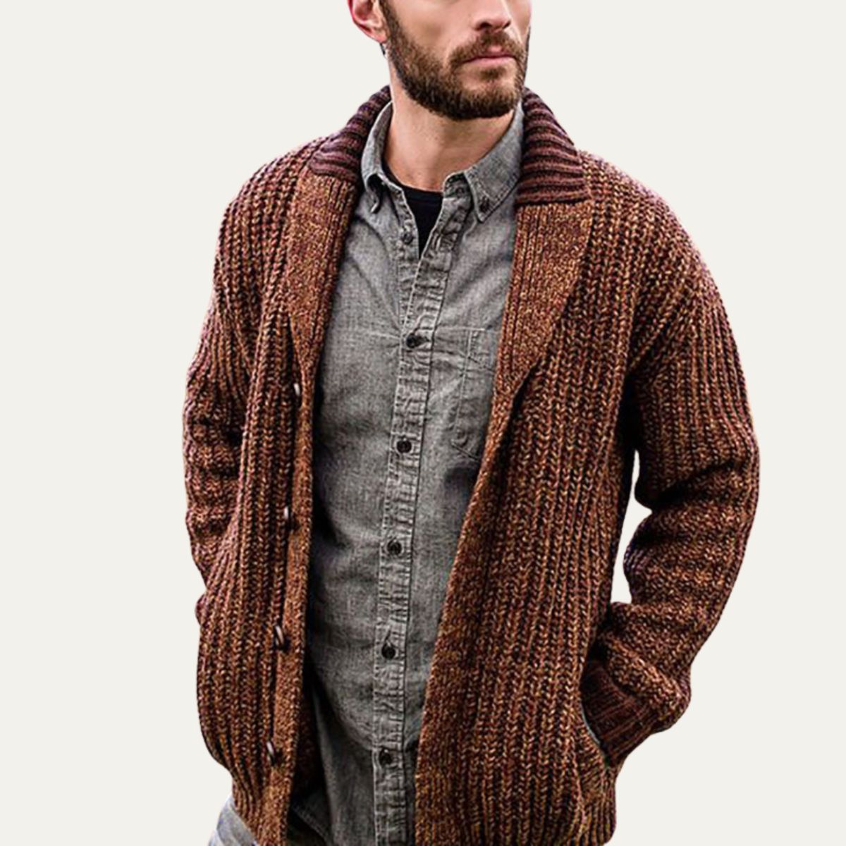Thick Knit Crew Neck Men's Cardigan Sweater