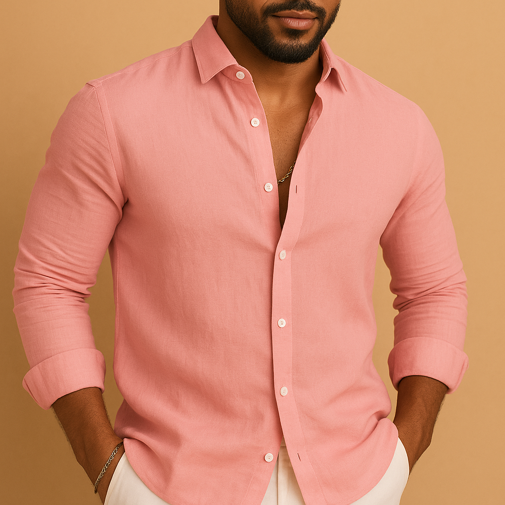 Lightweight breathable shirt for men with a comfortable fit, available in black, khaki, pink, sky blue, and white. Ideal for casual and business wear.