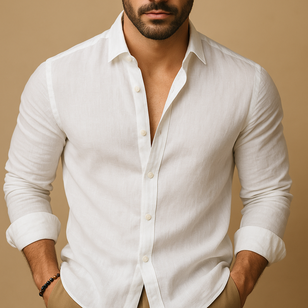 Lightweight breathable shirt for men with a comfortable fit, available in black, khaki, pink, sky blue, and white. Ideal for casual and business wear.