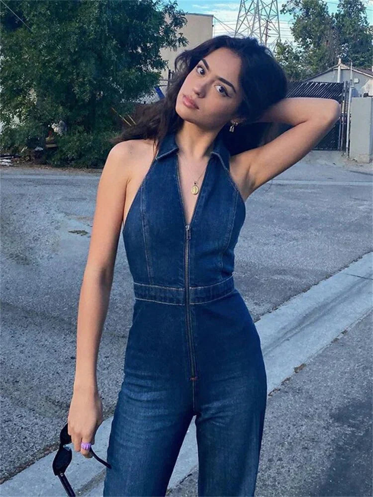 Comfortable V-Neck Women's Denim Jumpsuit - Pexav