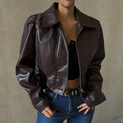 Tan Faux Leather Women's Casual Jacket with V Collar - Pexav