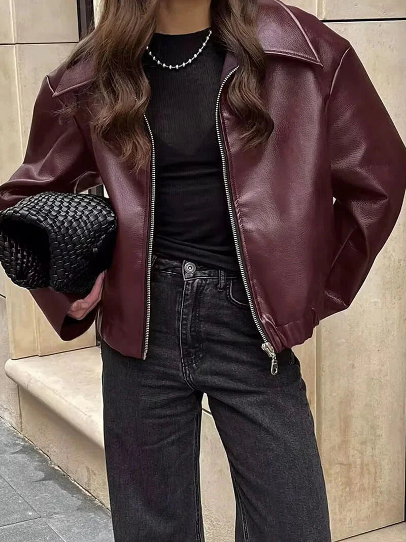 Ladies Red Synthetic Leather Coat - Olytrend
