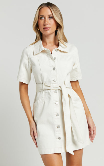 Button-Down Denim Mini Dress - Aria-Ecru-XS-Nora Luxe