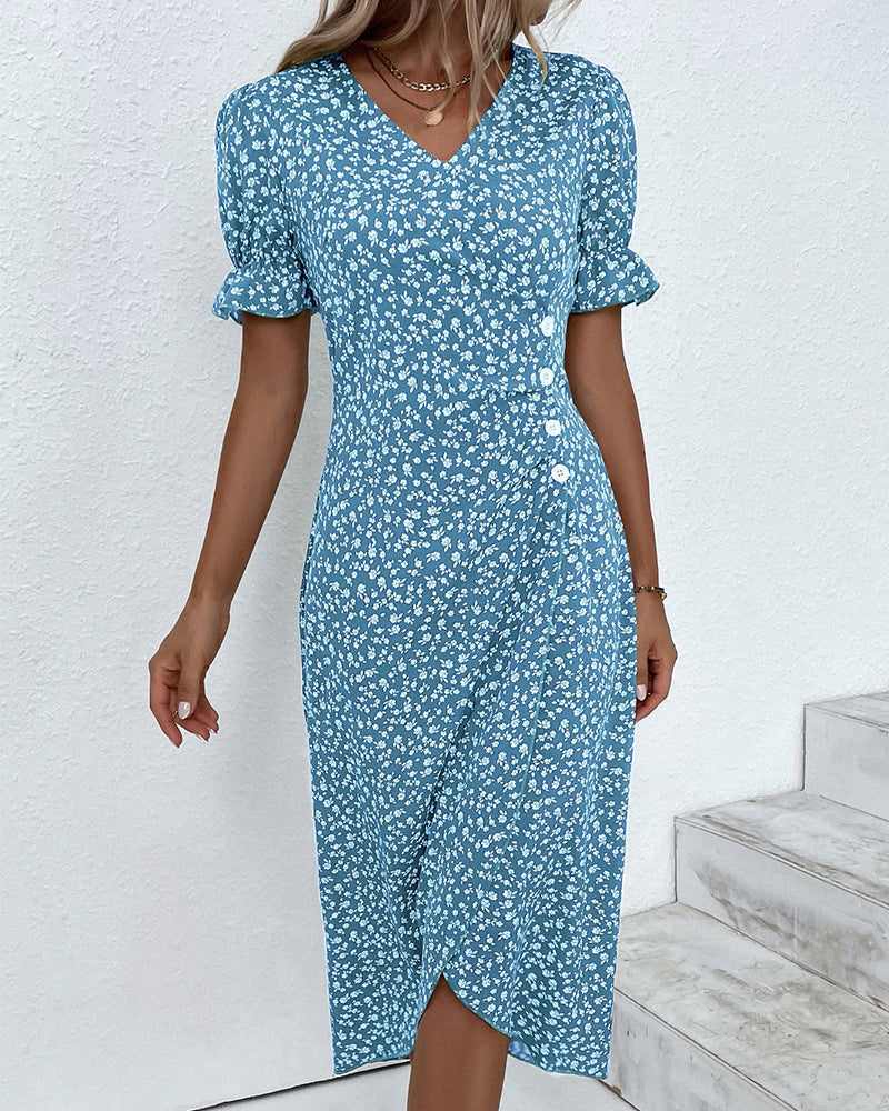 Button dress with V-neck & short sleeves – Luisa-Green-S-Nora Luxe