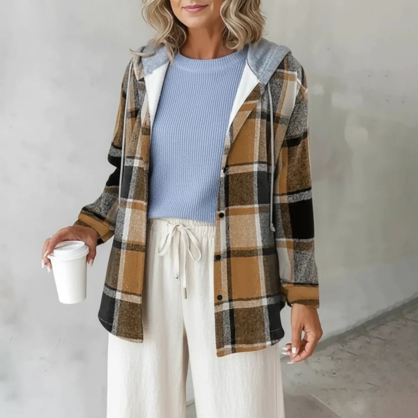 Button-Down Hooded Plaid Jacket for Women AI replaced image