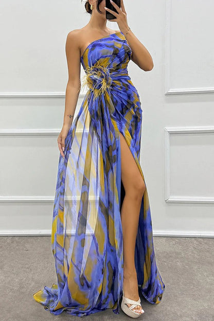 Elegant Long Maxi Dress with High Slit and Flowy Waist