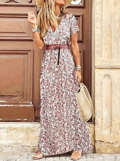 Casual Floral V Neck Maxi Dress for Women