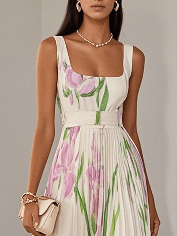Women's Floral Maxi Dress with V Neck and Wide Straps