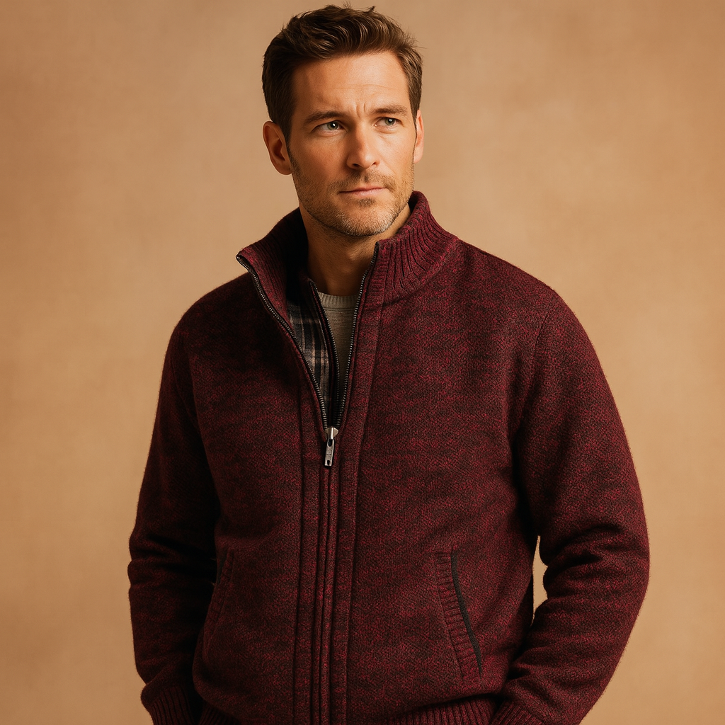 Men’s cable-knit sweater with a soft check-lined interior, designed for warmth and versatile outfits during autumn and winter.