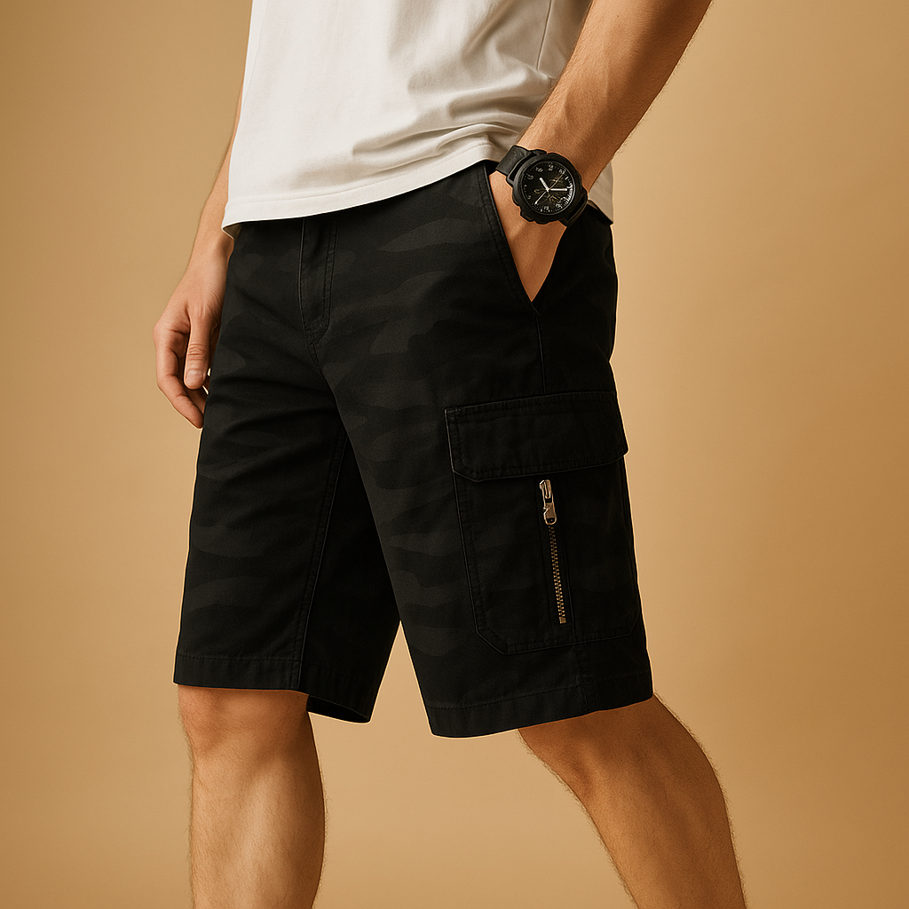 Men’s camouflage cargo shorts with multiple pockets and loose fit — perfect for hiking, camping, and casual outdoor wear.
