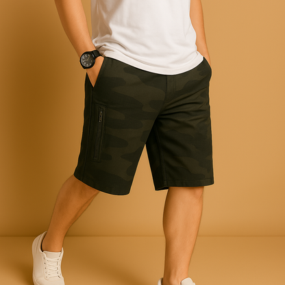 Men’s camouflage cargo shorts with multiple pockets and loose fit — perfect for hiking, camping, and casual outdoor wear.
