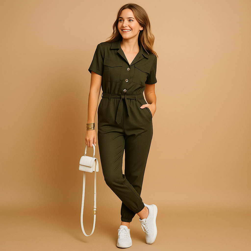 Tailored cargo jumpsuit with V-neck for women, featuring functional pockets and flattering fit, perfect for casual or chic occasions.