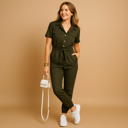 Tailored cargo jumpsuit with V-neck for women, featuring functional pockets and flattering fit, perfect for casual or chic occasions.