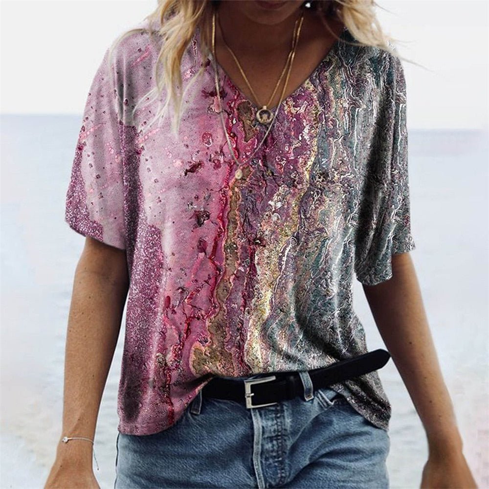 Comfy V-Neck Tee - Casual Floral Print - Soft Fabric