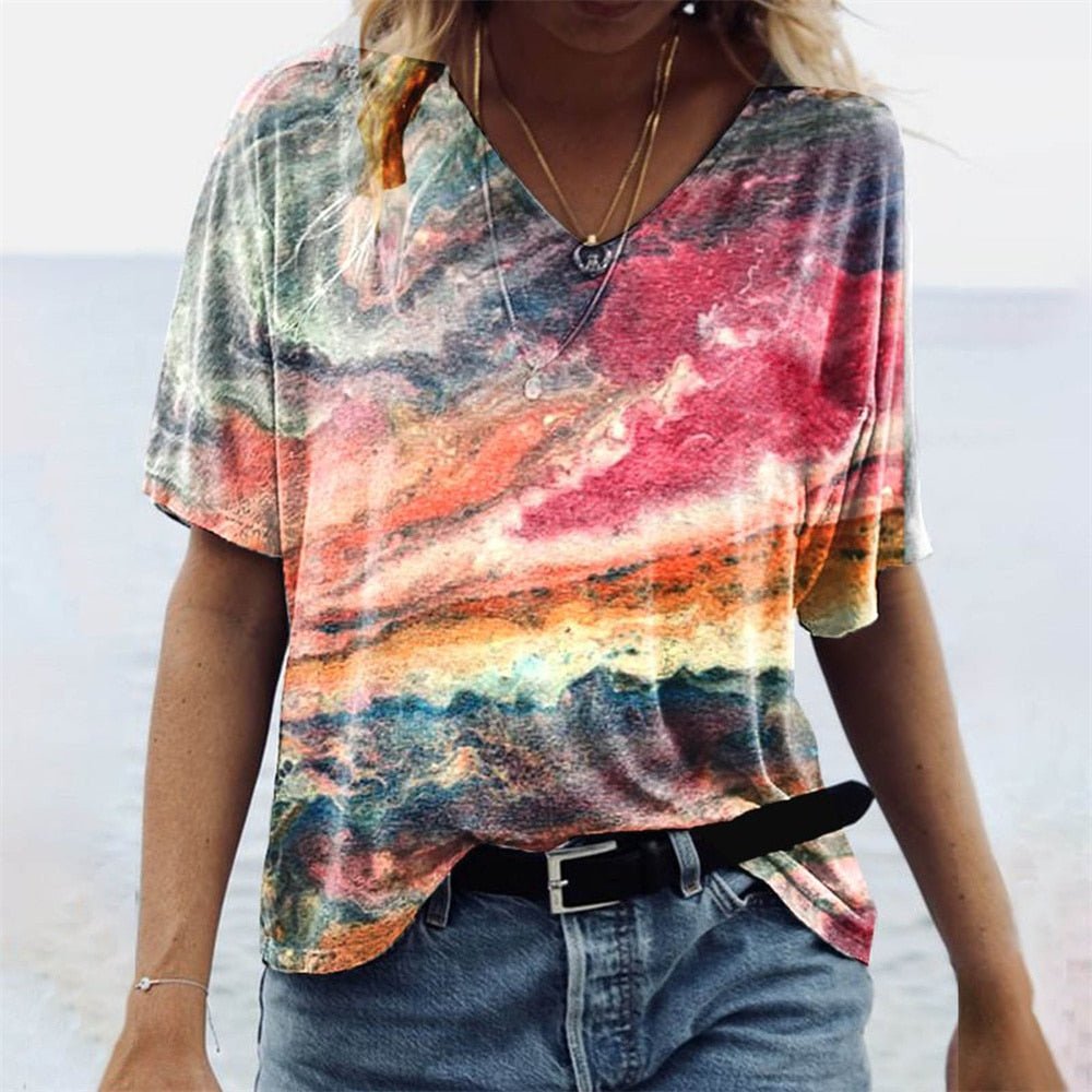 Comfy V-Neck Tee - Casual Floral Print - Soft Fabric