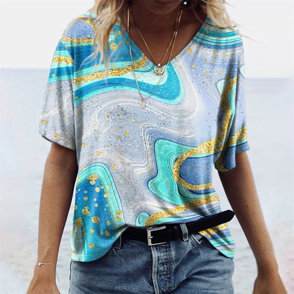Comfy V-Neck Tee - Casual Floral Print - Soft Fabric - Nocini