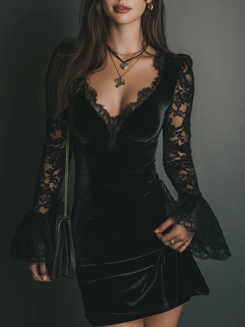 Chic Ladies' V-Neck Lace Party Dress - Olytrend