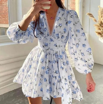 Image of Carolyn | Women's Long Sleeve V-Neck A-Line Mini Dress