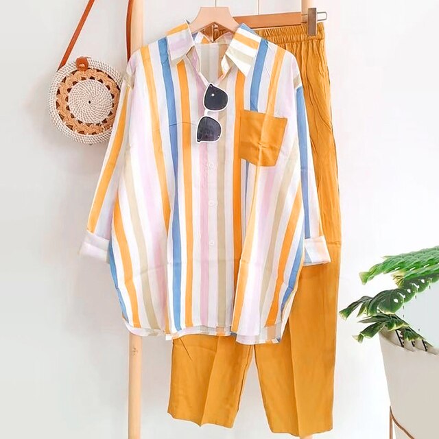 Relaxed Fit Blouse and Pants Set in Soft Material - Pexav