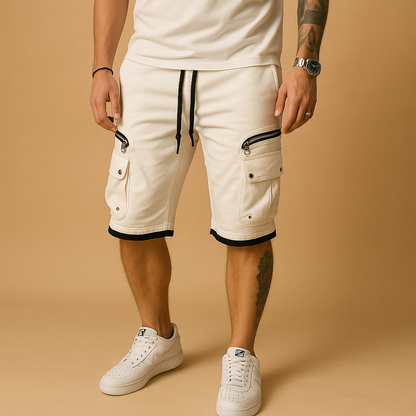 Men’s casual cargo shorts with relaxed fit, adjustable drawstring, and multiple pockets, lightweight breathable design perfect for summer wear.