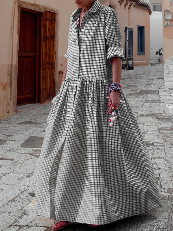Relaxed Fit Plaid Swing Dress with Long Sleeves - Pexav