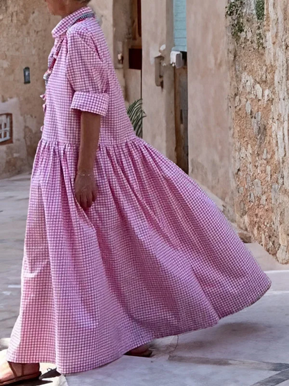 Casual Checked Swing Dress with Long Sleeves - Sofie-Pink-S-Nora Luxe