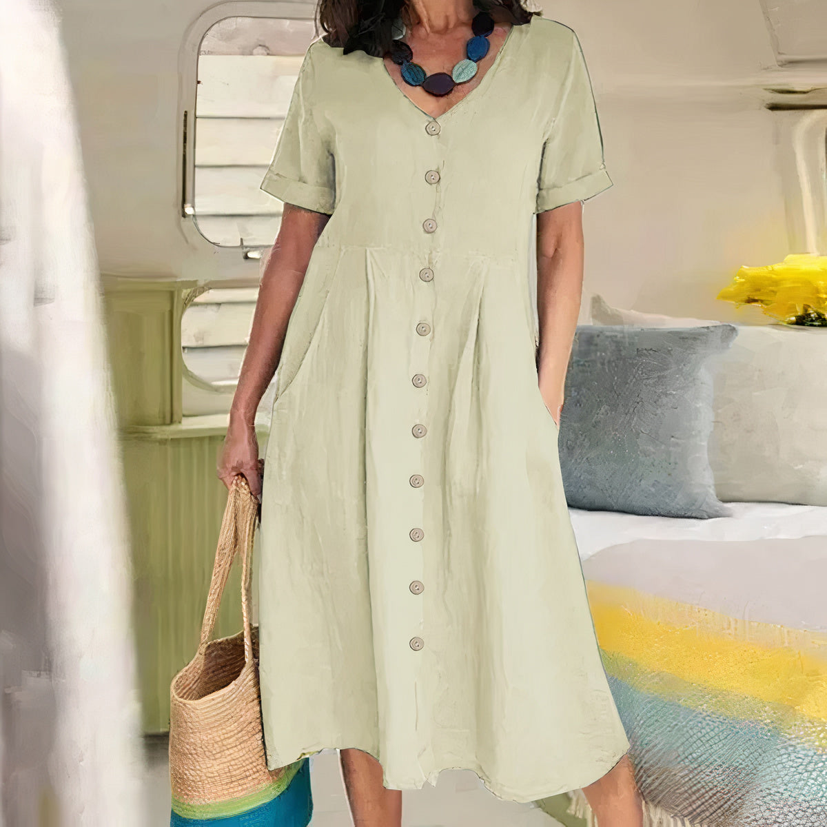 Casual Cotton-Linen Summer Dress – Noor-Beige-S-State of Style
