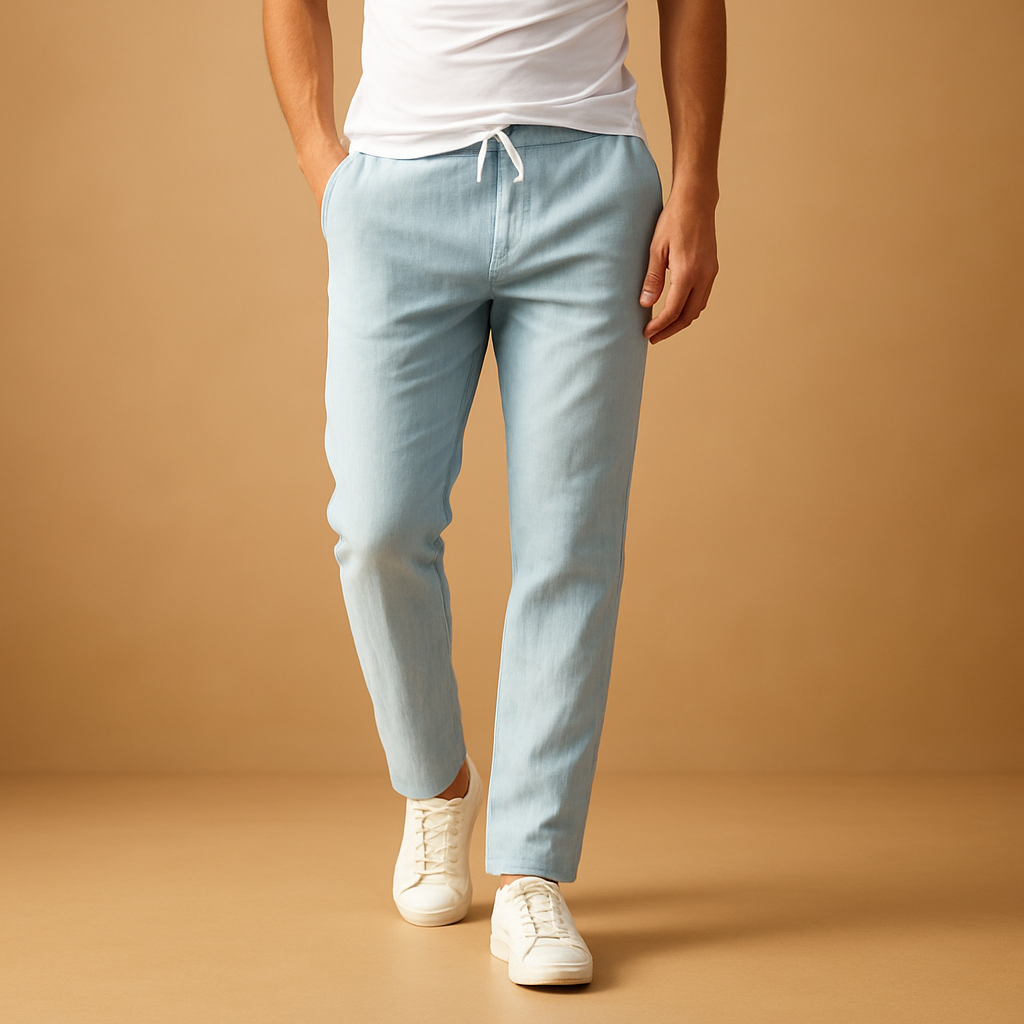 Men’s casual cotton pants with elastic waistband, made from soft breathable fabric, ideal for home, travel, or casual daily wear.